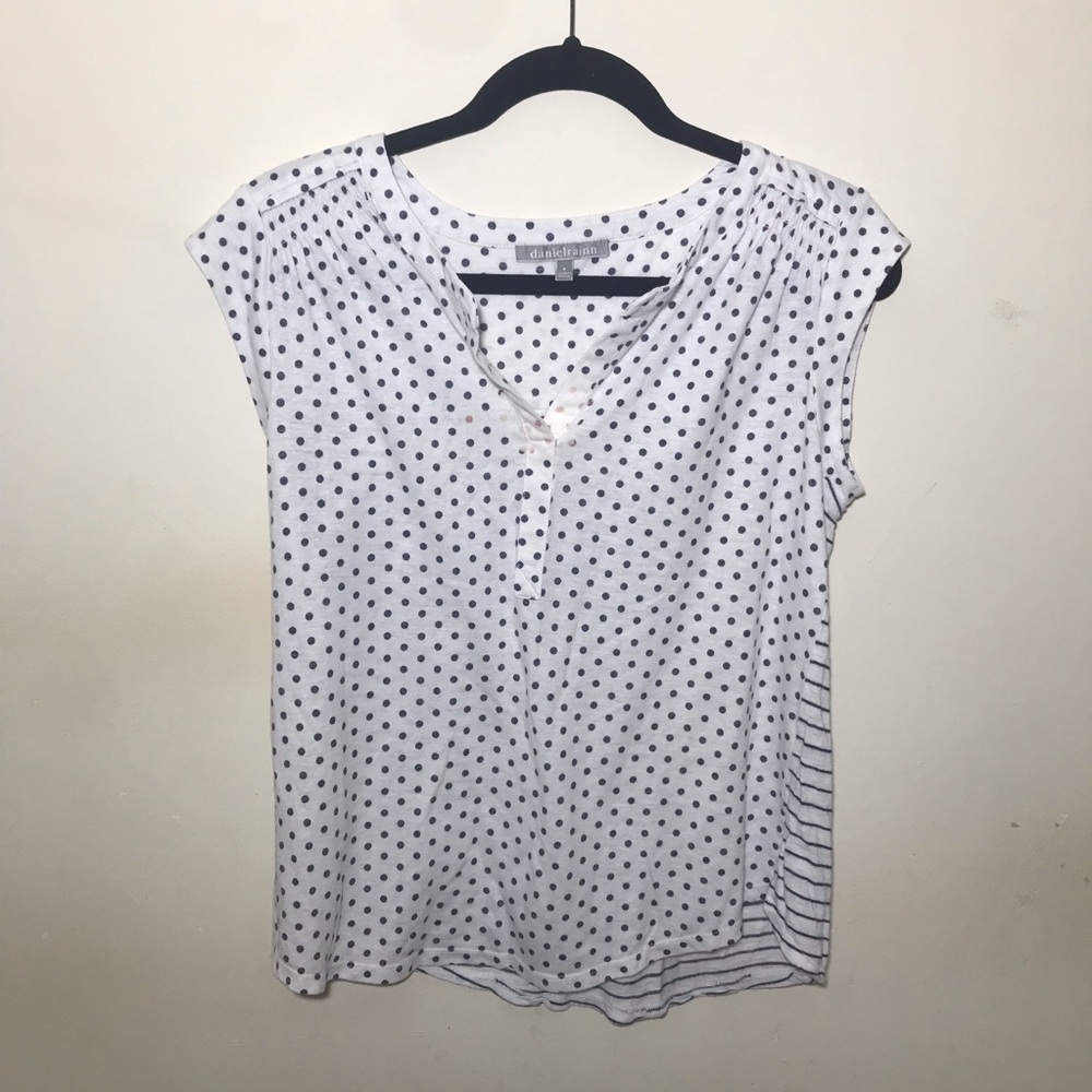 Daniel rainn S small white blue shirt top polka dots stripe